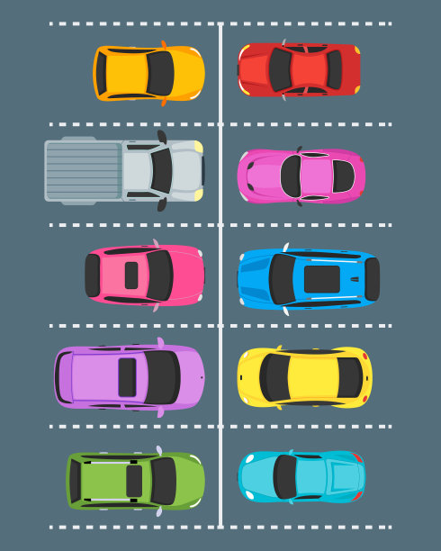 卡通停车场与汽车顶视图。向量图片下载