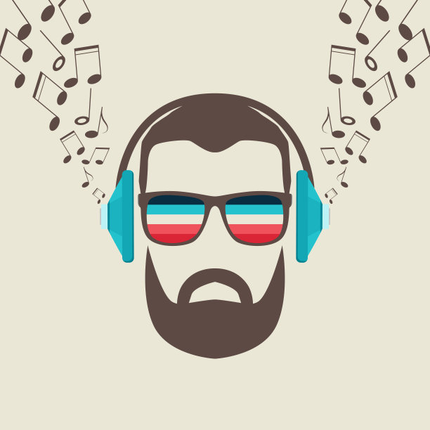 潮男脸与耳机，复古音乐海报插图。图片下载