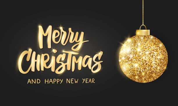 在黑色背景上悬挂圣诞金球。闪闪发光的金属小玩意儿。手绘文字圣诞快乐图片下载