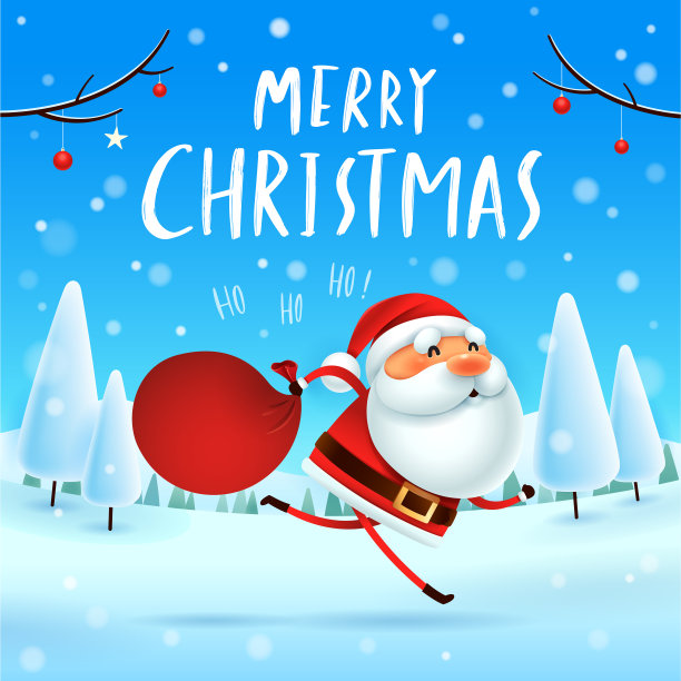 圣诞快乐!圣诞老人扛着装满礼物的袋子在圣诞雪景中。冬天的风景。图片下载