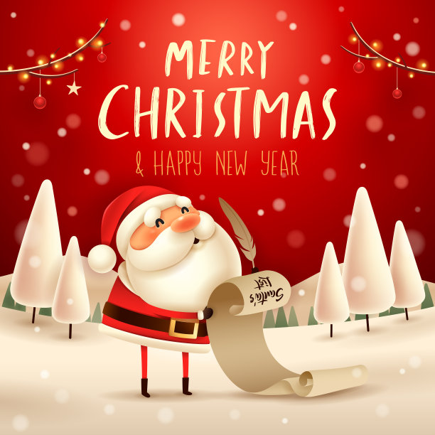 圣诞快乐!圣诞老人拿着一张长长的清单在圣诞雪景。冬天的风景。图片下载