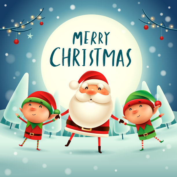 圣诞快乐!圣诞老人和精灵们在月光下牵着手。冬天的风景。图片下载