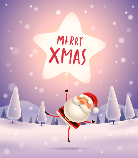 圣诞快乐!圣诞老人在月光下用星星形状的气球。冬天的风景。图片下载