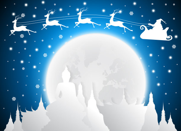 圣诞和圣诞老人在泰国寺庙的地标和剪影，满月，旅游景点和背景图片下载