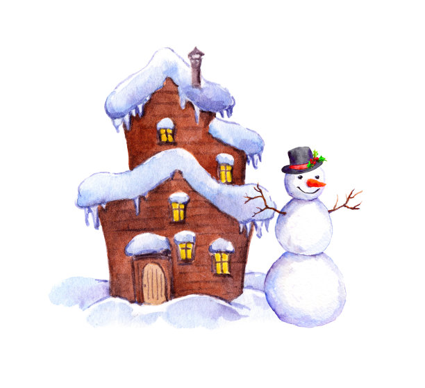 雪人和冬季小屋水彩画素材图片