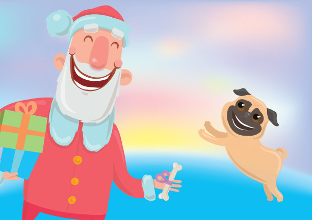 圣诞老人和狗快乐。根据东方历法，狗年的新年和圣诞卡片。矢量字符插图在发光的彩色背景。素材图片