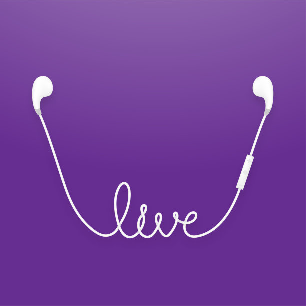 耳机无线和远程，耳机型白色和现场文本由电缆隔离在紫色梯度背景，与复制空间图片下载