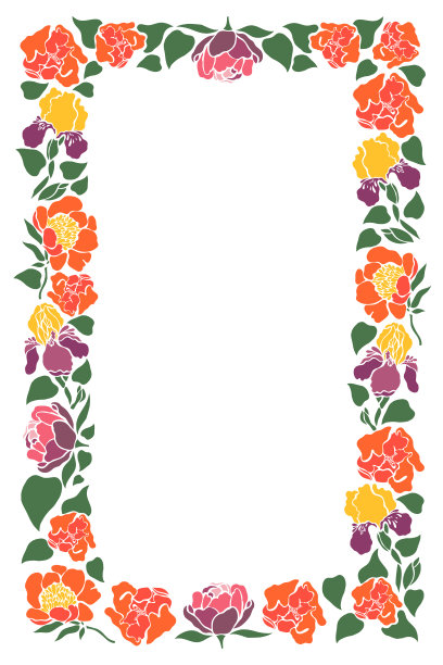 矩形框与花和叶子牡丹，蝴蝶花，郁金香。矢量插图。图片下载