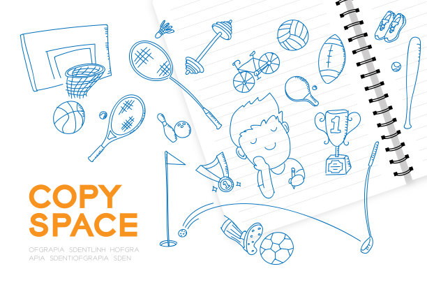 笔记本与男孩手绘集，想象未来职业“运动员”概念概念插图孤立在白色背景，与复制空间图片下载