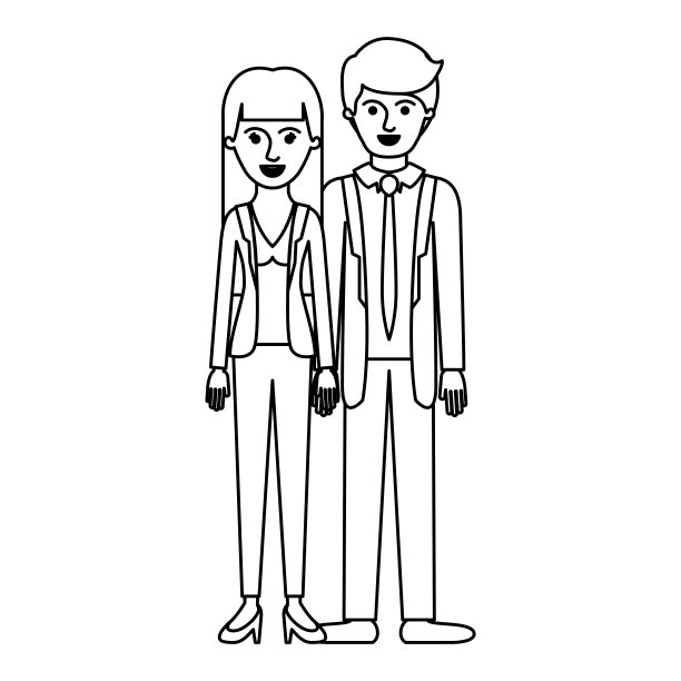 一对单色的剪影，她穿上衣、夹克、裤子和高跟鞋，直发，而他穿西装、领带、裤子和鞋子，留着短发图片下载