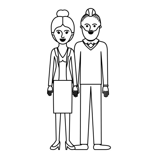 一对黑白的剪影，她穿衬衫、夹克、裙子和高跟鞋，头发是收集的，他有胡子、毛衣、裤子和鞋子，削发图片下载