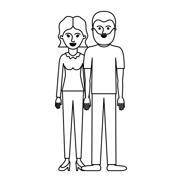 一对黑白的剪影，她穿衬衫，长袖，裤子和高跟鞋，短发卷发，而他穿t恤，裤子和鞋子，短发和胡子图片下载