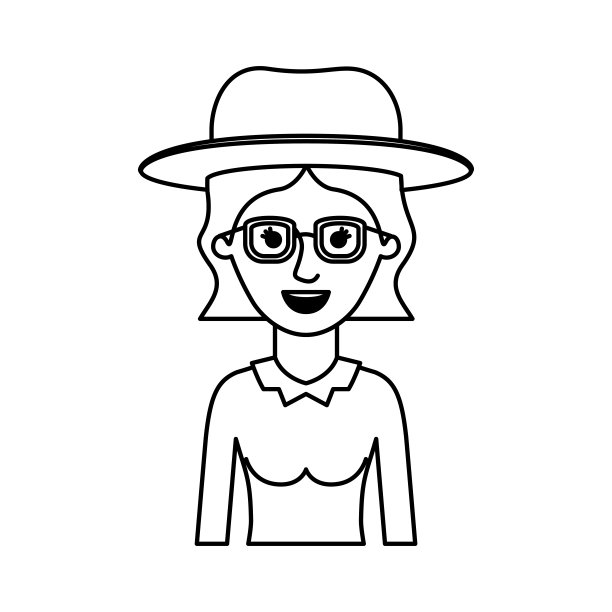 女人半身体与帽子和眼镜衬衫长袖和短波浪发在单色剪影图片下载
