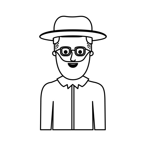 男人半身体与帽子和眼镜和衬衫与短头发和胡子在单色剪影图片下载