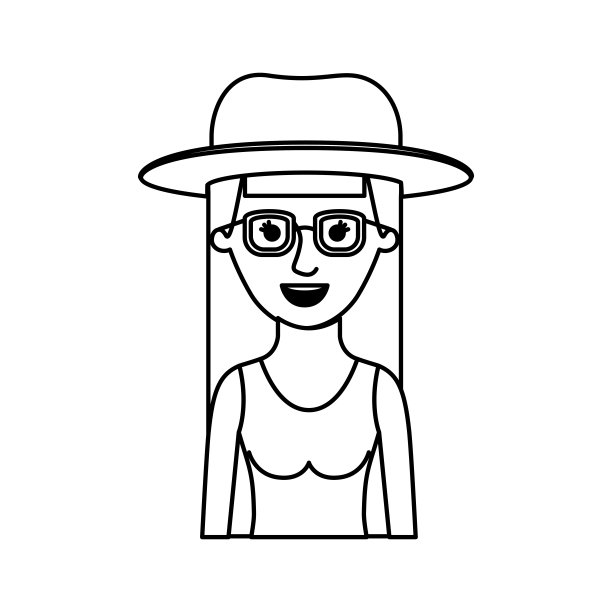 女人半身体与帽子和眼镜和衬衫无袖与长直发在单色剪影图片下载