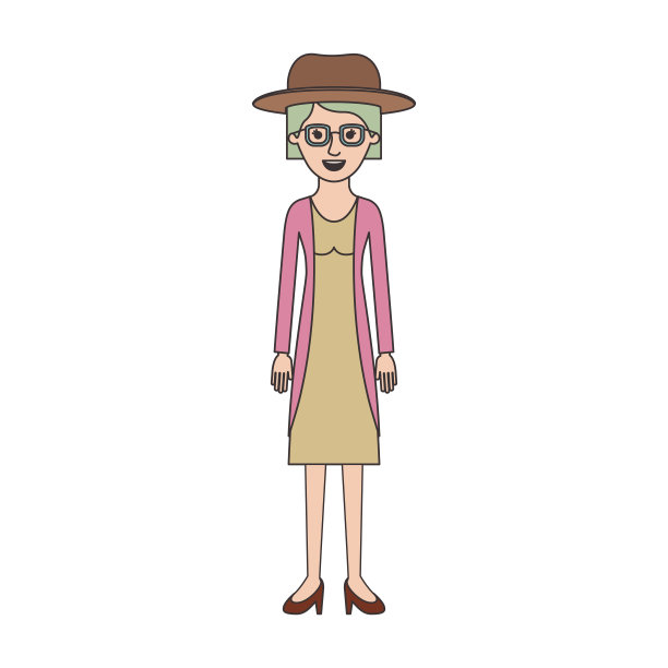 女人戴着帽子和眼镜，衬衫，夹克，裙子和高跟鞋，短发在多彩的轮廓图片下载