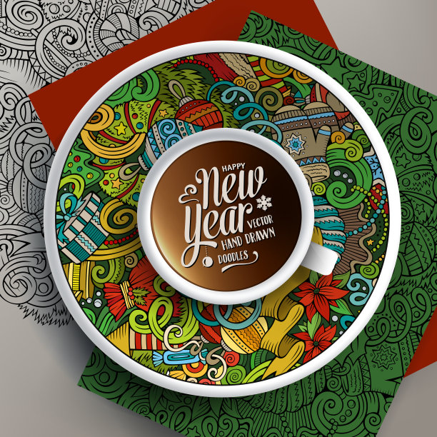 一杯咖啡和新年涂鸦的背景图片下载
