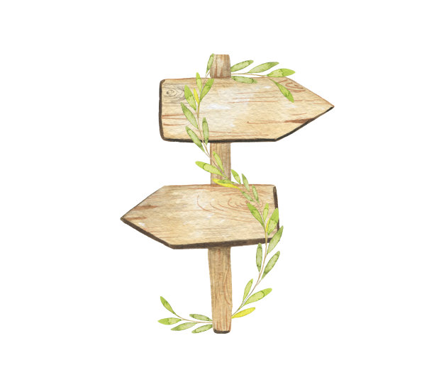 水彩木路标与绿色的树枝图片下载