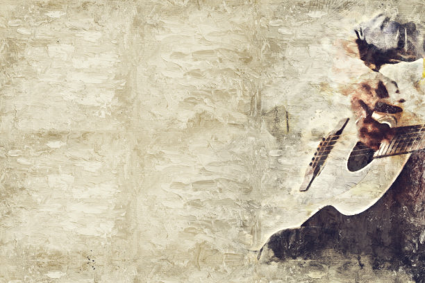 抽象美丽的吉他演奏在前景油画水彩画的背景和数字插图画笔艺术。图片下载