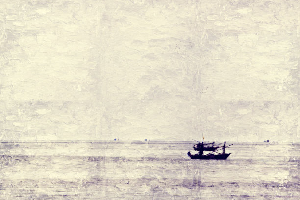 龙船出海捕鱼，渔船以水彩画为背景，以色彩斑斓的飞溅笔触为艺术。图片下载