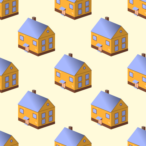 黄色背景上五颜六色的房子无缝图案。平面设计，矢量插图图片下载