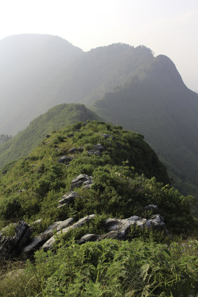尼泊尔班迪布尔附近的喜马拉雅山峰顶的薄雾山脊。美丽的薄雾黄昏光在蜿蜒的山顶。图片下载