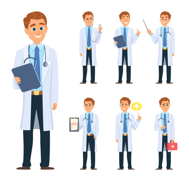 医生在不同的姿势。矢量风格的吉祥物设计素材图片