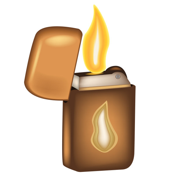 黄金打火机。现代汽油和汽油打火机。手动，燃气打火机与燃烧火焰在平面风格。向量。图片下载
