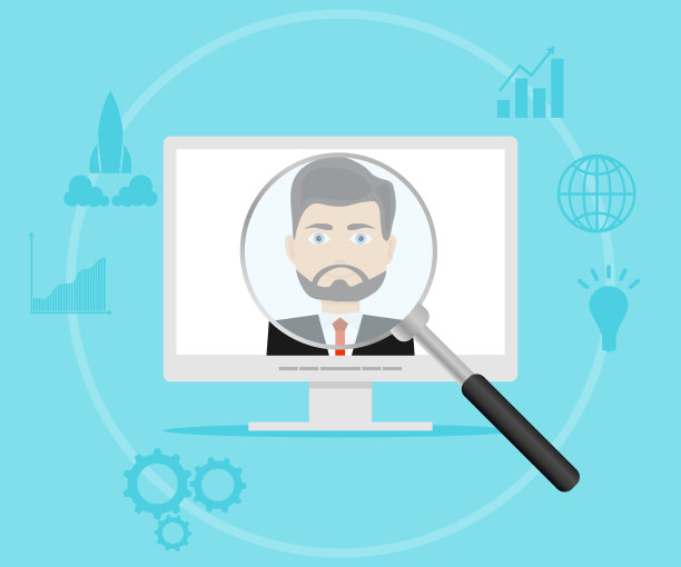 一个放大镜看着电脑里的人。图片下载