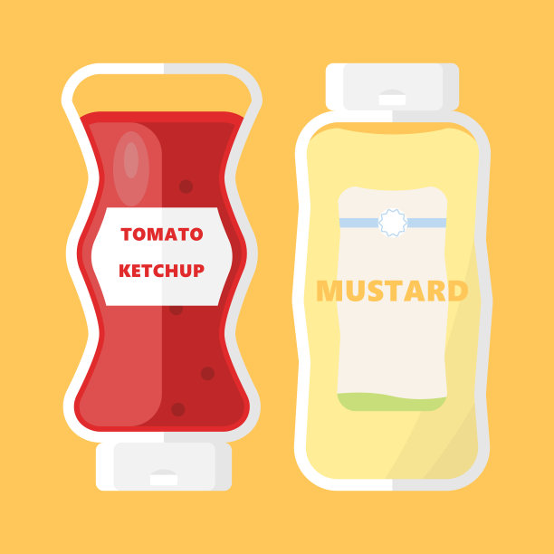 塑料瓶中的番茄酱和芥末在黄色背景上分离图片下载
