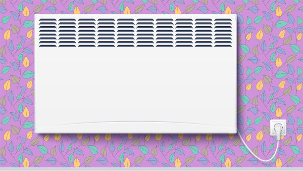 家用电暖炉、家用暖气插头用电源线接上电。室内空间取暖用暖气片电器面板，墙上贴有墙纸图片下载