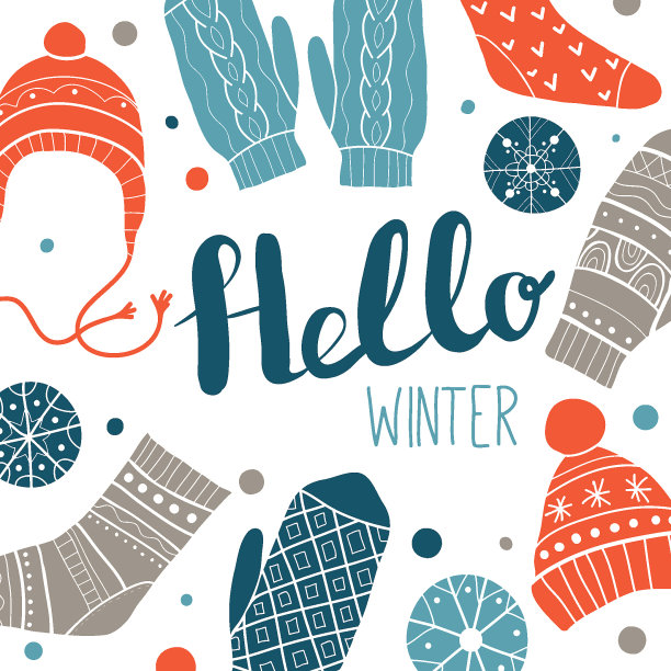 贺卡或印花设计可爱的袜子，帽子，手套，雪花图片下载