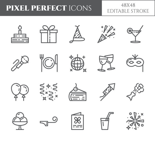 生日派对主题像素完美细线图标。套装元素有蛋糕、礼品、香槟、迪斯科、烟花等与娱乐相关的象形文字。矢量插图。可编辑的中风图片下载