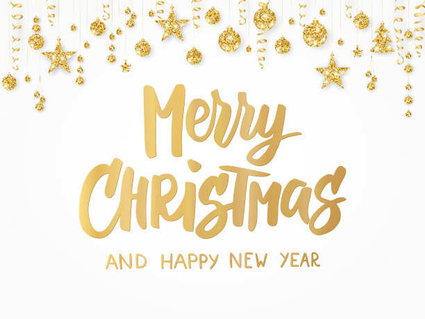圣诞快乐卡。手绘字体。金灿灿的花边上挂着球、星星和丝带。非常适合礼品标签和标签。素材图片