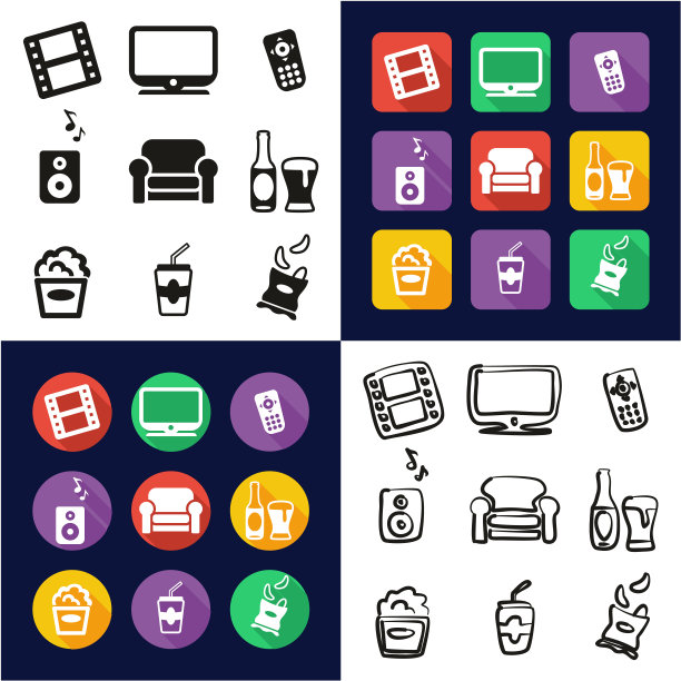 电影之夜在家所有在一个图标黑白颜色平面设计徒手集图片下载