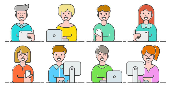 人们使用智能手机、平板电脑和电脑，现代科技应用场景，工作场所矢量扁平插画图片下载