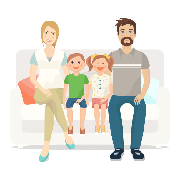 幸福的四口之家坐在沙发上。图片下载