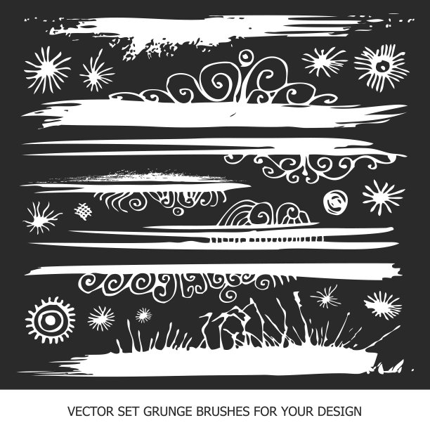 油彩Grunge条纹、花朵、卷曲图案。黑色标签，油彩纹理。笔刷描边矢量素材。手绘背景设计元素。图片下载