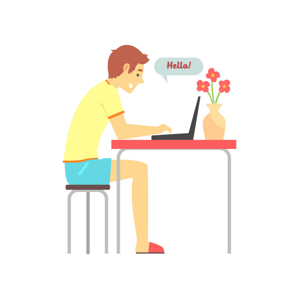 微笑的男孩坐在桌子旁，聊着爱聊天。网上约会服务的概念。矢量插图在平面风格孤立在白色图片下载