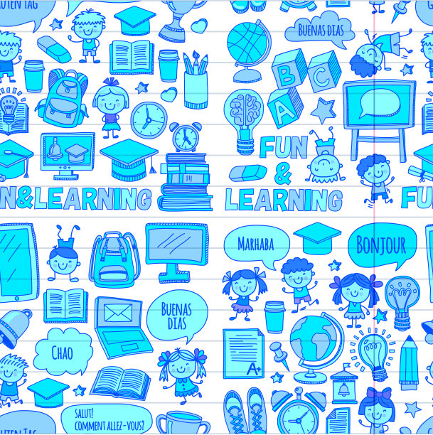 孩子们，孩子们，男孩女孩们。快乐学生学习英语、西班牙语、德语、意大利语、阿拉伯语学院、大学、幼儿园语言无缝矢量模式图片下载