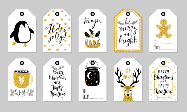 圣诞礼物标签集，手绘风格。素材图片