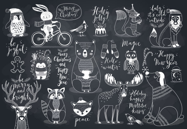 可爱的森林动物设置-黑板风格。图片下载