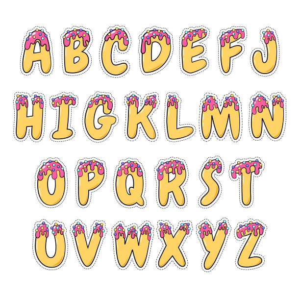 卡通手绘字体甜甜圈。英语搞笑字母表的广告，图标，横幅，海报。向量的信件素材图片