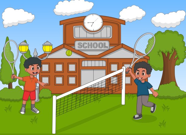 孩子们在学校的卡通前面打羽毛球图片下载