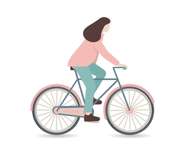 一个女人骑着自行车越过白色的背景。矢量图图片下载