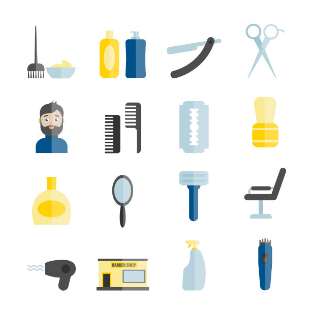 矢量平面理发工具图标的集合图片下载