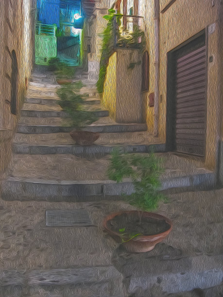 意大利西西里岛Cefalu夜城的街道楼梯上有花园花盆。数字油画。逼真的画面效果，照片涂料。神秘的艺术形象图片下载