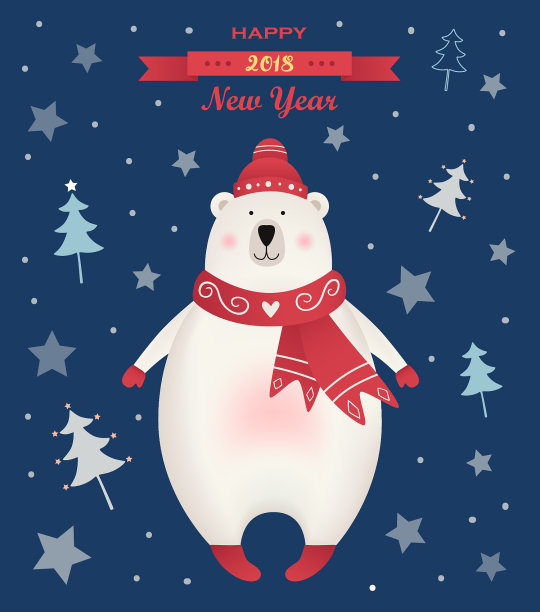 圣诞贺卡上戴着帽子和围巾的北极熊。矢量图图片下载
