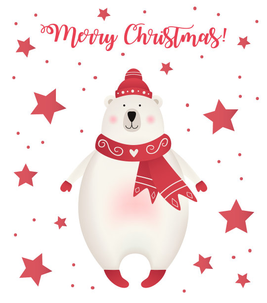 圣诞贺卡上有戴着帽子和围巾的北极熊。矢量图图片下载