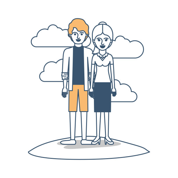 一对彩色情侣剪影的场景，他的衬衫和夹克和短裤和鞋子的短卷发和她的衬衫和裙子和高跟鞋的马尾辫头发图片下载